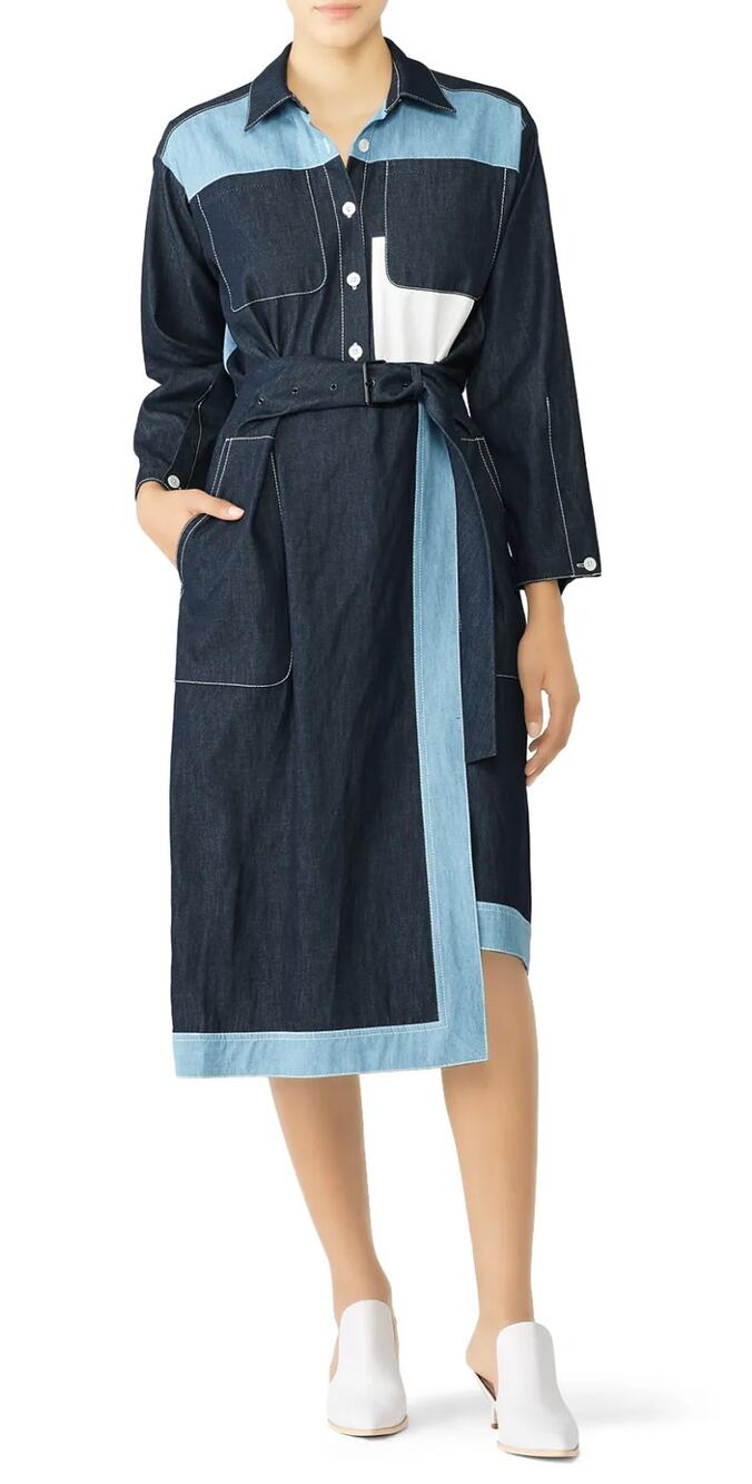 COLOVOS Two Tone Belted Denim Shirt Dress Deconstructed Blue Size 2 $675